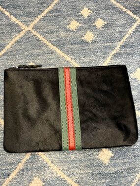 Parker & Hyde cowhide Black Fur Zip Pouch with Green and Red Stripe